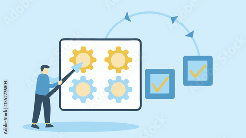 Optimizing Workflow Man with Pointer Illustrates Process Management and Tick Marks in Light Blue and