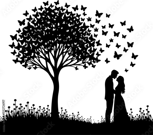 Romantic Couple Kissing Under Butterfly Tree Silhouette 