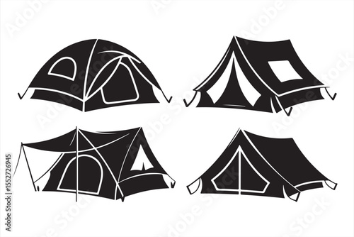 Outdoor dome and ridge tent icons in artistic black silhouette