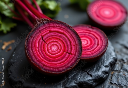 beetroot sliced on black stone, glowing concentric rings, visualizing nitrate rich antioxidant protection from root to heart.
