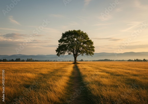 A single tree stands in a golden field with a path leading towards it at sunrise