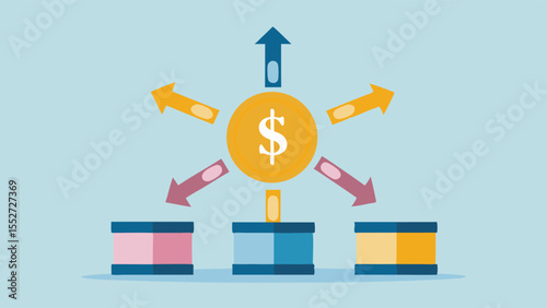 Money Distribution Concept Gold Coin Investment Arrows Financial Growth Funds Allocation and