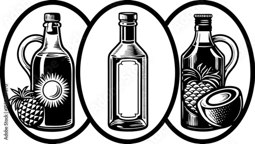 Illustration of three stylized bottles with oval frames and tropical fruit decorations in black and white