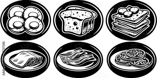 Black and white breakfast icons featuring eggs bread pancakes ham bacon and sausage in circular frames