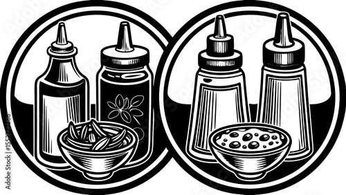 Illustration of two circles containing sauce bottles and bowls of food in black and white style