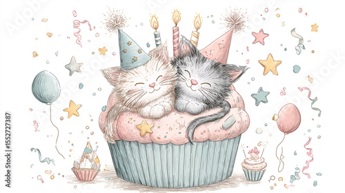 Cute Birthday Illustration Featuring Kittens Cuddled on a Topped Cupcake Celebration