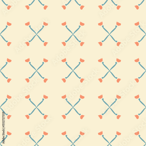 Simple tiny flowers and stems placed in X shape, forming a minimalist botanical pattern in colors of orange and teal on butter yellow background. Floral seamless vector pattern. Great for home decor.