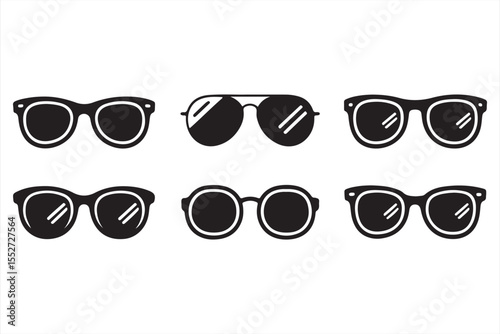 Flat icon set of six bold black sunglasses silhouettes in vector format