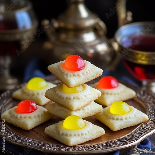Exquisite arabic sweets: delightful cookies adorned with vibrant jelly candies so delicious
