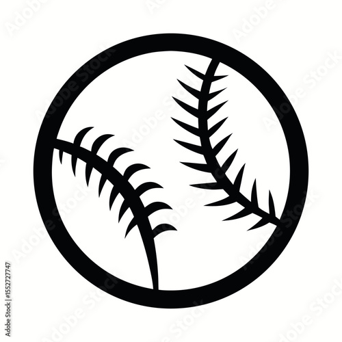 Black and White Baseball Icon Illustration with Circular Outline and Distinct Stitching Design