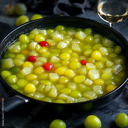 Exotic fruit salad with grapes and tapioca in a black bowl on dark background