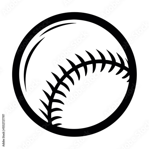 Black and White Baseball Illustration Outlined Ball with Stitching Inside a Thick Circle