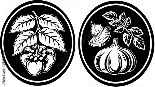 Two black and white circular designs featuring a pepper with leaves and garlic with leaves illustration