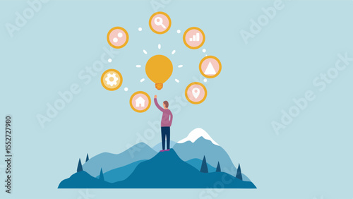 Idea Generation Reaching Peaks Innovation Journey Business Strategy Success Iconography on Mountain