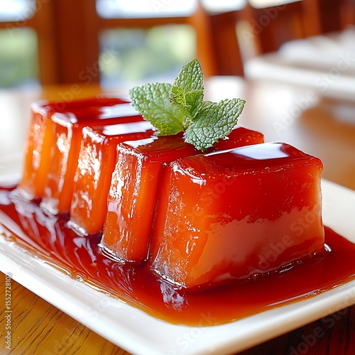Exquisite cantaloupe agar dessert with syrup and mint garnish presentation