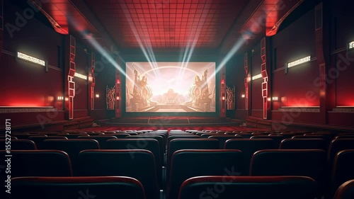 Cinema theater with movie scene on wide screen and empty chairs in the cinema hal