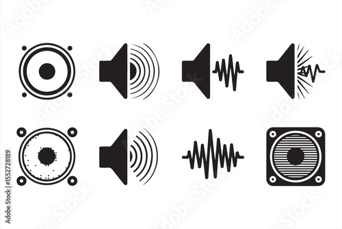 Vector sound output icons with speaker rings and frequency wave elements