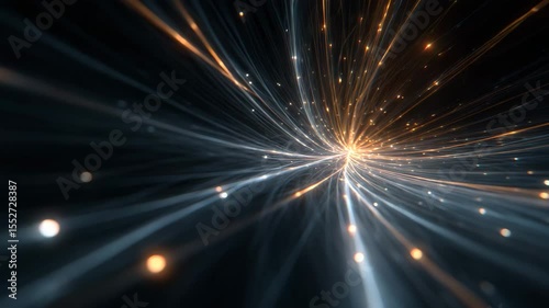 Abstract animation of glowing lines and particles moving through dark space. Warm gold and cool white light streaks create a sense of speed and energy.