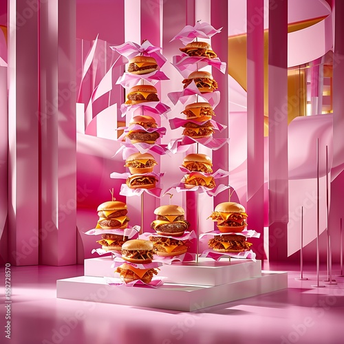 Festive burger tower with pink decorations for celebrations and creative presentations