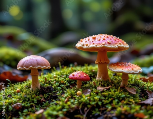 mushroom forest with shiitake, maitake, and reishi on moss, glowing particles around them, symbolizing natural longevity and cell regeneration chemistry.