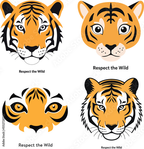 Close-up flat vector of intense tiger eyes with Respect the Wild message – clean white background design for International Tiger Day

