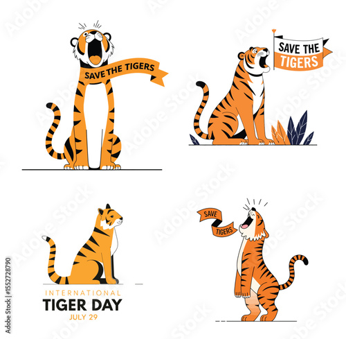 Flat vector illustration of a roaring tiger with a flying banner reading Save the Tigers – bold wildlife design for International Tiger Day on white background

