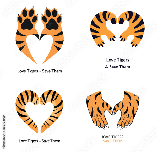 Two tiger paws forming a heart shape with Love Tigers message – flat vector for International Tiger Day on white background

