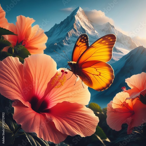 A butterfly with wings of golden yellow alights on a hibiscus it