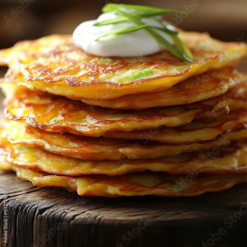 Golden stack of zucchini fritters with creamy sauce and fresh herbs on wood