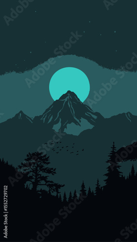 night mountain landscape with moon and birds, digital illustration, anime scene, digital scene view 