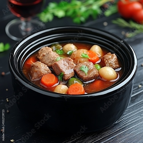 Hearty beef stew with vegetables in a black bowl on a dark wooden surface