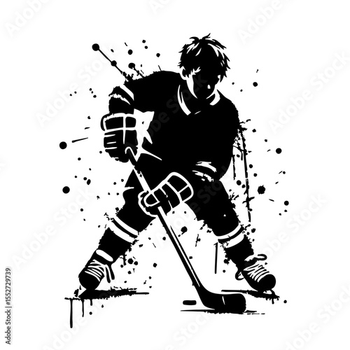 Hockey Kids player Silhouette Grunge Splatter and Dripping Spray Effects