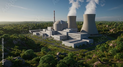 Nuclear Power Plant Amidst Lush Greenery, Clear Sky, and Cooling Towers
