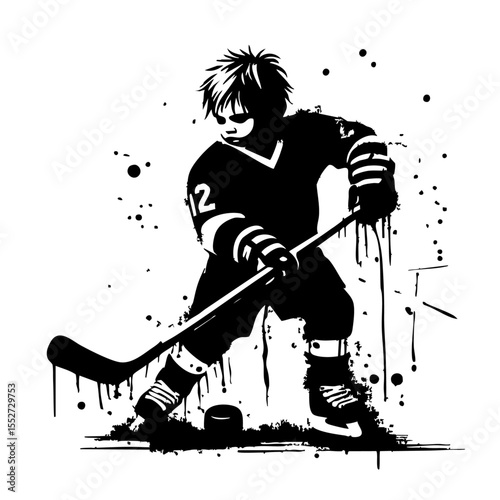 Hockey Kids player Silhouette Grunge Splatter and Dripping Spray Effects