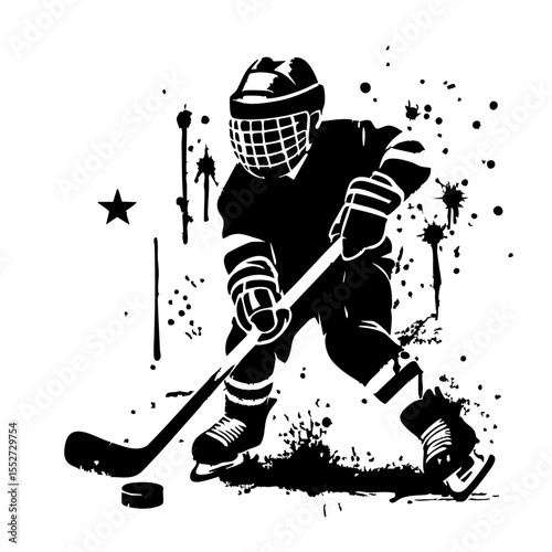 Hockey Kids player Silhouette Grunge Splatter and Dripping Spray Effects