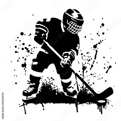 Hockey Kids player Silhouette Grunge Splatter and Dripping Spray Effects