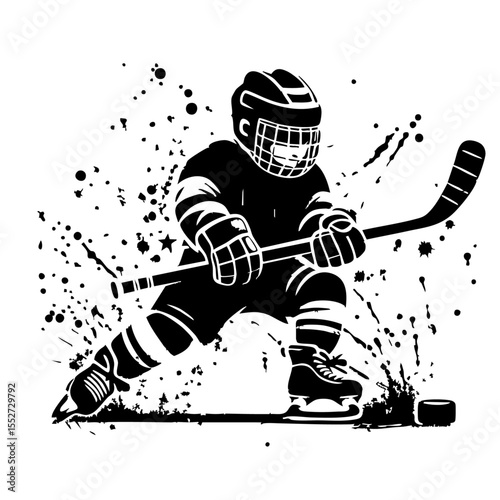 Hockey Kids player Silhouette Grunge Splatter and Dripping Spray Effects