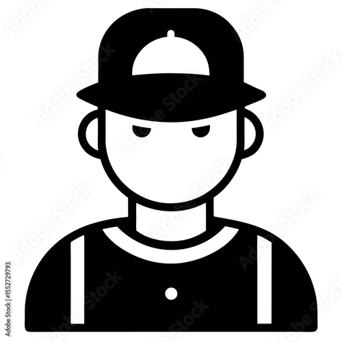 Man in Baseball Cap and Suspenders Illustration, Minimalist Design in Black and White Style
