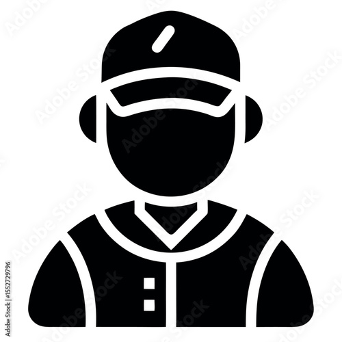 Solid Black Icon Depicting a Person Wearing a Baseball Cap and Buttoned Shirt