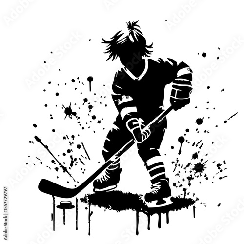 Hockey Kids player Silhouette Grunge Splatter and Dripping Spray Effects
