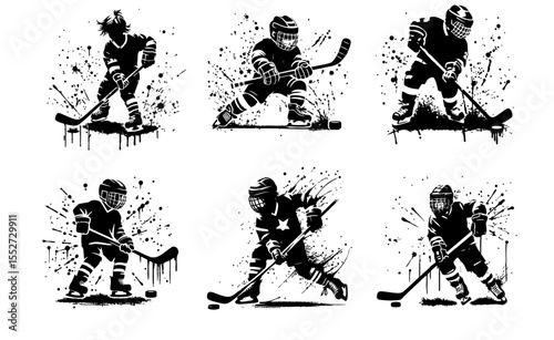 Hockey Kids player Silhouette Grunge Splatter and Dripping Spray Effects