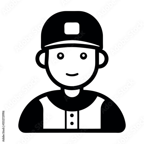 Black and White Illustration of a Cartoon Baseball Player with Hat and Uniform