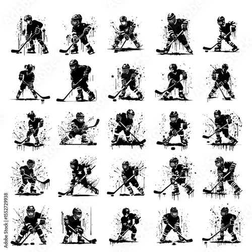 Hockey Kids player Silhouette Grunge Splatter and Dripping Spray Effects