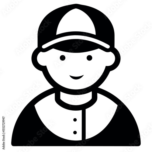 Black and White of a Young Person with Baseball Cap and Uniform