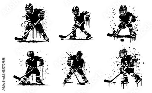 Hockey Kids player Silhouette Grunge Splatter and Dripping Spray Effects