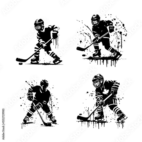 Hockey Kids player Silhouette Grunge Splatter and Dripping Spray Effects