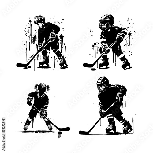 Hockey Kids player Silhouette Grunge Splatter and Dripping Spray Effects