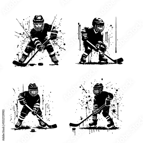 Hockey Kids player Silhouette Grunge Splatter and Dripping Spray Effects