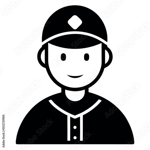 Cartoon Baseball Player Icon Smiling Character Wearing Cap and Uniform in Black and White Style