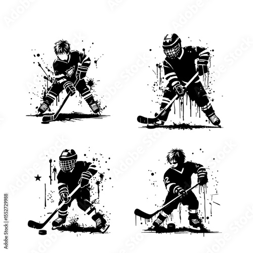 Hockey Kids player Silhouette Grunge Splatter and Dripping Spray Effects